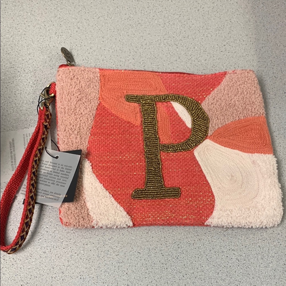 America & Beyond clutch qvc new beaded recycled jute handmade India initial P